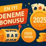 2025 deneme bonusu, freespin ve casino bonusları temalı modern dijital illüstrasyon – altın jetonlar, slot makinesi ve oyun sembolleriyle