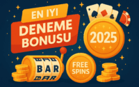 2025 deneme bonusu, freespin ve casino bonusları temalı modern dijital illüstrasyon – altın jetonlar, slot makinesi ve oyun sembolleriyle