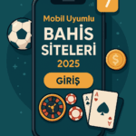 2025 mobil bahis siteleri temalı dijital illüstrasyon: akıllı telefon ekranında bahis uygulaması, jetonlar, iskambil kartları ve futbol topu simgeleriyle modern tasarım.