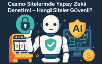 Casino sitelerinde yapay zekâ denetimi – güvenli lisanslı casino platformlarını simgeleyen robot ve AI kalkanı